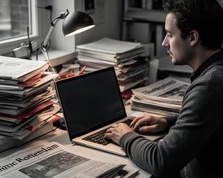 Raief Grabska in een kleine redactieruimte met kranten en een laptop