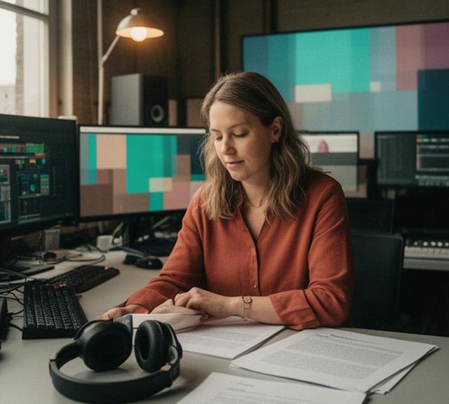 Nederlandse showrunner in een montageruimte in Rotterdam met scripts en een koptelefoon op tafel